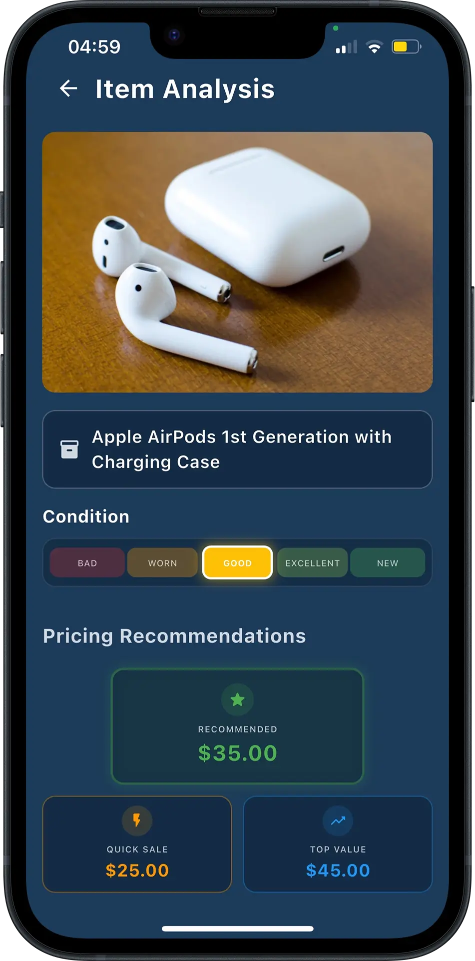 WorthLens showing real-time resale price analysis